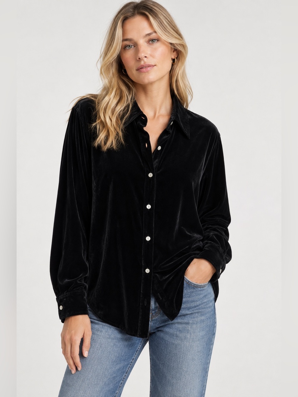 Vintage J. Crew Womens Button Up Black Velvet Long Sleeve Shirt Medium *B